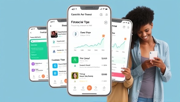 An engaging app interface showing different financial goals, progress trackers, and financial tips, with a diverse group of users interacting with the app on their smartphones, conveying empowerment and financial growth.