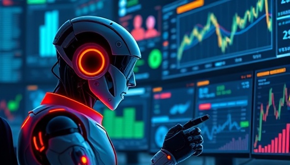 An innovative illustration of a futuristic AI assistant analyzing financial data on multiple screens, with glowing charts and graphs, symbolizing cutting-edge financial insights and technology.