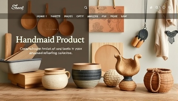An aesthetically pleasing online marketplace interface showcasing a variety of handmade products such as pottery, jewelry, and textiles, with a focus on supporting local artisans and celebrating craftsmanship.