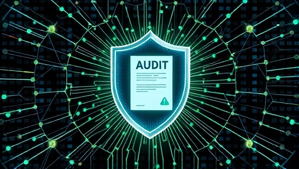 An intricate network of blockchain nodes and data blocks forming a secure shield around financial documents, symbolizing the robust security and transparency offered by the blockchain-integrated audit system.