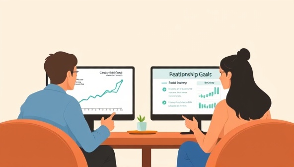 An artistic representation of a couple engaging in a virtual financial coaching session, with financial charts and relationship goals displayed on their screens, symbolizing collaboration and alignment in financial matters.