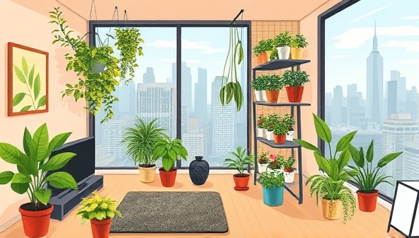 An aesthetically pleasing illustration showcasing a compact urban apartment transformed into a lush vertical garden paradise, with various plants growing in DIY kits against a backdrop of a city skyline, inspiring creativity and sustainability in indoor farming.