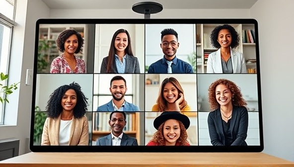 An inclusive and diverse group of professionals collaborating in a virtual meeting room, representing the core values of equity and inclusion in the workplace, with a focus on diverse backgrounds, skills, and perspectives coming together through the guidance of InclusiveHires.
