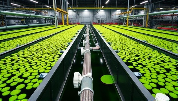 An advanced algae bioreactor facility with rows of bubbling tanks filled with vibrant green algae culture, connected to pipelines and processing equipment, illustrating the innovative and sustainable biofuel production capabilities of GreenFuel Innovations.