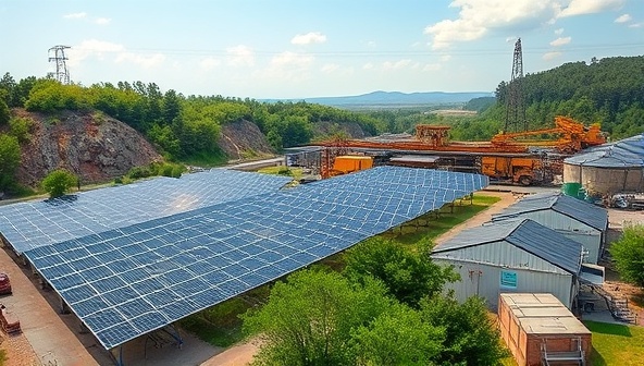 An industrial site with solar panels powering mining equipment, surrounded by lush greenery, symbolizing the harmony between mining operations and the environment.