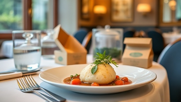 An elegant restaurant setting with a beautifully presented meal in eco-friendly packaging, emphasizing the brand's commitment to sustainability and quality, creating a visually appealing and eco-conscious image.