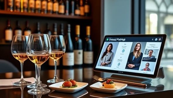 A sophisticated virtual tasting setup featuring elegant wine glasses, gourmet bites, a collection of wine bottles, and a digital screen displaying a live pairing session, evoking a sense of luxury and culinary refinement in a virtual setting.