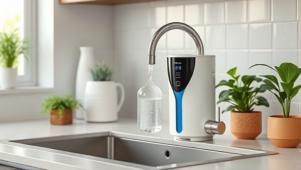 A modern kitchen scene with a sleek and stylish water filtration system integrated into the sink, dispensing crystal-clear purified water, surrounded by eco-friendly kitchen accessories and green plants, symbolizing clean and sustainable water solutions for healthy living spaces.