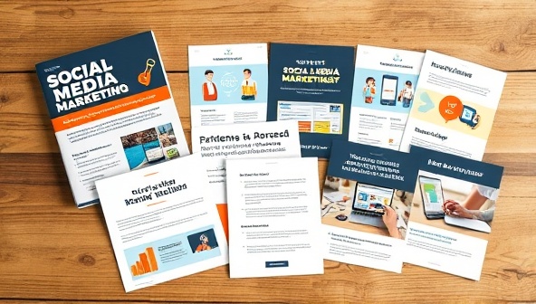 A visually appealing mockup of a social media marketing kit, featuring branded graphics, content samples, and strategy guides, illustrating the comprehensive and personalized approach of SociaKit.