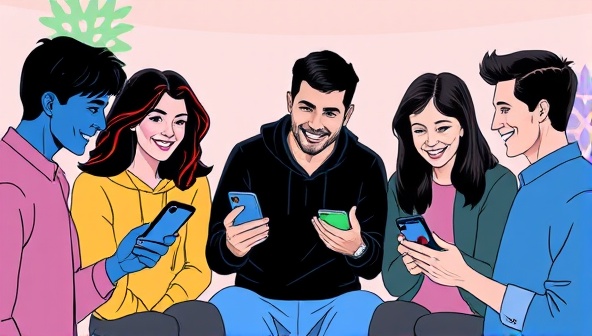 An illustration of a group of friends using the BetConnect app on their smartphones to place bets and share their betting experiences in a social setting.