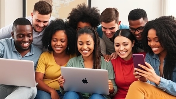 A vibrant and diverse group of young investors engaging with the MicroShare platform on their laptops and smartphones, symbolizing inclusivity and accessibility in the world of micro-investing.