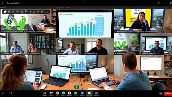 A virtual workshop setting with participants engaged in discussions on renewable energy topics, interacting with digital tools and practical projects, illustrating the dynamic and collaborative nature of RenewLab Online.