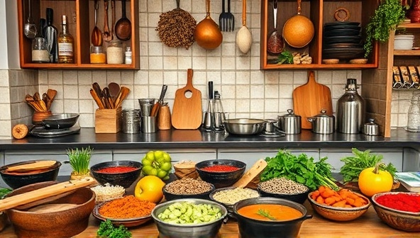 An inviting kitchen setting with a diverse array of global spices, cooking utensils, and fresh ingredients, reflecting the vibrant and flavorful experiences offered in the cultural food tours and cooking classes hub.