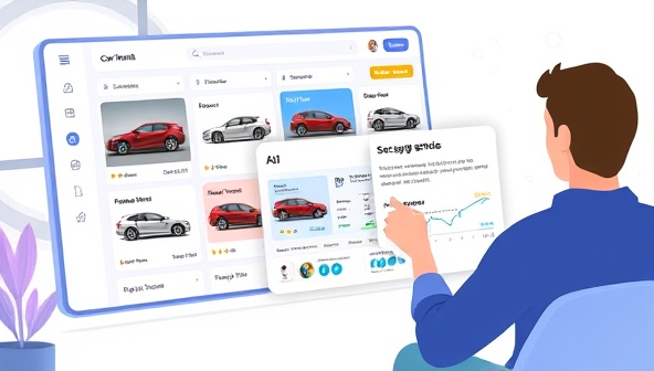 A dynamic visualization showing a user browsing through different car rental options on a digital platform, with AI-powered vehicle suggestions popping up based on the user's preferences and trip details, conveying convenience and personalization.