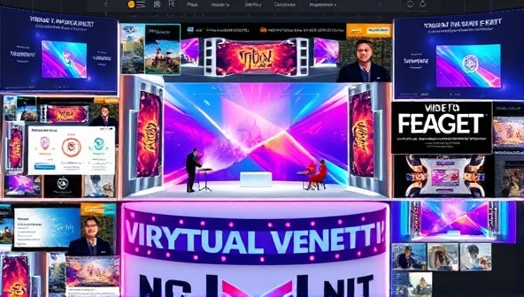 An artistic digital collage featuring various virtual event elements such as a virtual stage setup, interactive attendee engagement tools, and vibrant event branding, symbolizing creativity and innovation in virtual event planning.