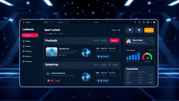 A sleek, futuristic interface displaying a user-friendly content creation dashboard with AI algorithms working in the background, symbolizing efficiency and innovation.