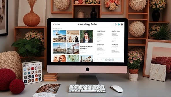 A virtual event planning studio featuring a digital mood board with event design inspirations, vendor contacts, and event timelines displayed on a computer screen, surrounded by event decor samples, creating a visually appealing and organized event planning space.