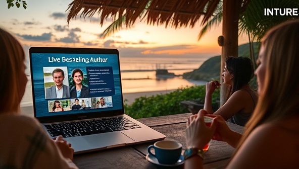 An online retreat setting with a virtual background of a serene beach at sunset, a laptop displaying a live workshop session with a bestselling author, and participants engaging in creative writing exercises while sipping tea, capturing the essence of a tranquil and inspiring retreat experience.