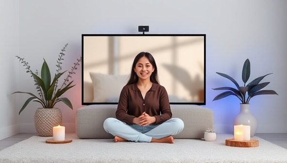 A serene and calming virtual coaching session setting within the platform interface, featuring a mentor providing guidance and support to a client through a video call, surrounded by soothing visuals and relaxation elements, creating a safe and supportive space for mental wellness coaching.