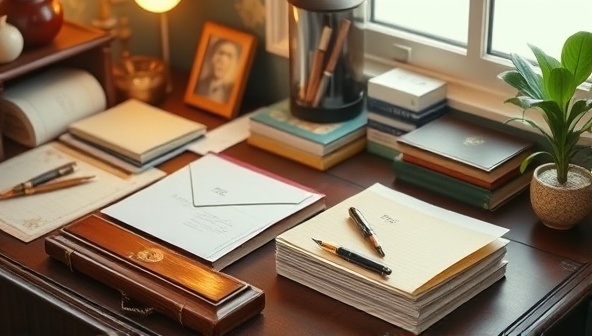 A cozy writing nook with a vintage desk, a fountain pen, assorted stationery, and a stack of sealed envelopes ready for mailing, exuding a warm and personal touch in a digital world.