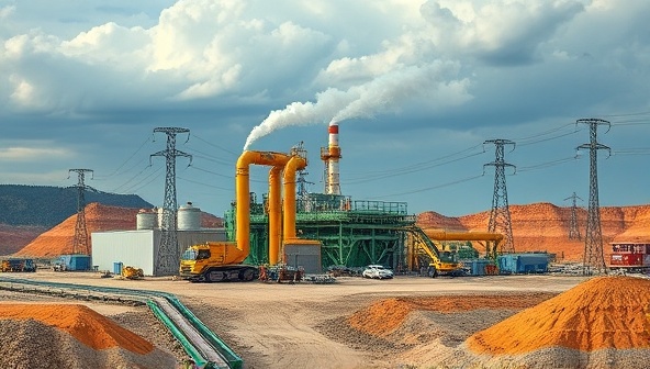 An artistic representation of a waste-to-energy conversion plant at a mine site, with waste materials being processed into renewable energy sources, and power lines distributing clean energy to mining operations, illustrating the sustainable transformation facilitated by EcoMine Energy in mining waste management.