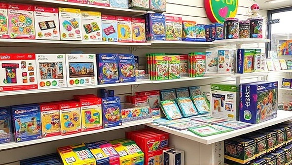 A vibrant display of colorful craft kits arranged neatly on shelves, with sample finished projects showcased nearby, creating a visually appealing and inspiring setup for creativity.