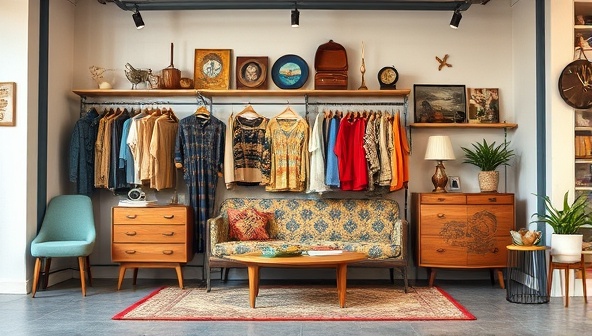 An artistic image featuring a curated selection of vintage clothing, retro accessories, mid-century furniture, and eclectic home decor pieces displayed in a chic and inviting online storefront, capturing the nostalgia and charm of sustainable fashion and unique finds.