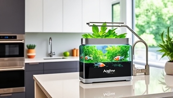 An elegant kitchen setup featuring a sleek, space-saving AquaGrowTech aquaponics system with flourishing herbs and colorful fish, blending seamlessly with modern decor and emphasizing sustainable living through smart technology.