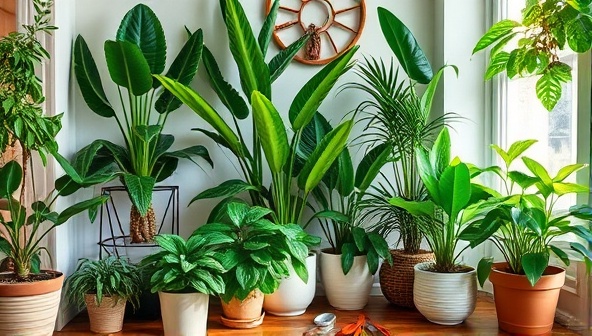 An inviting indoor plant corner in a cozy home setting, featuring a variety of lush green plants, decorative pots, and plant care tools, creating a serene and green environment that highlights the beauty and benefits of indoor gardening and plant care.