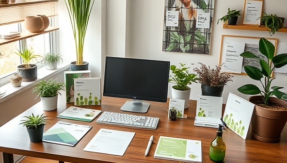 An office setting with eco-friendly branding materials, plant-based stationery, and sustainable product samples, reflecting the essence of sustainability and environmental consciousness in brand consulting.