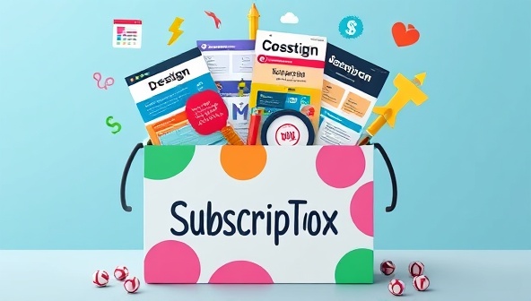 A vibrant and colorful subscription box filled with various design elements like templates, fonts, and design tools, symbolizing creativity and inspiration for web designers.