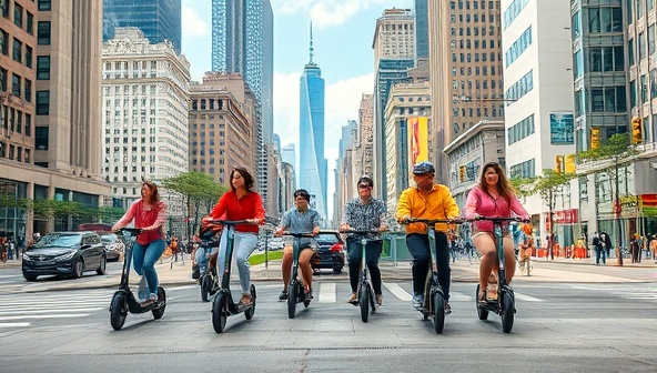 An urban-inspired visual representation showing a diverse group of riders navigating through city streets on electric scooters, passing iconic landmarks and bustling urban scenes, illustrating the convenience and eco-friendly nature of the EcoScoot Share service in urban mobility.