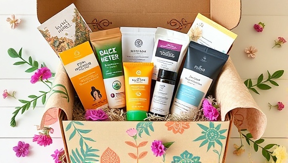 An artistic box overflowing with vibrant health and wellness products like herbal teas, yoga gear, organic skincare items, and motivational cards, exuding a sense of self-care and vitality.