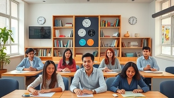 An engaging virtual classroom environment with diverse language learners interacting, practicing vocabulary, and exploring cultural nuances, highlighting the dynamic and interactive language learning experience offered by the platform.