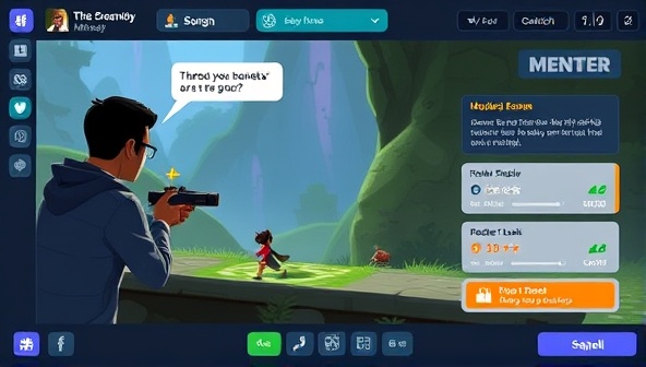 A digital interface displaying a mentor guiding a mentee through a challenging game level, with interactive tools, progress trackers, and motivational messages, symbolizing the supportive and educational aspect of the online gaming mentorship network.