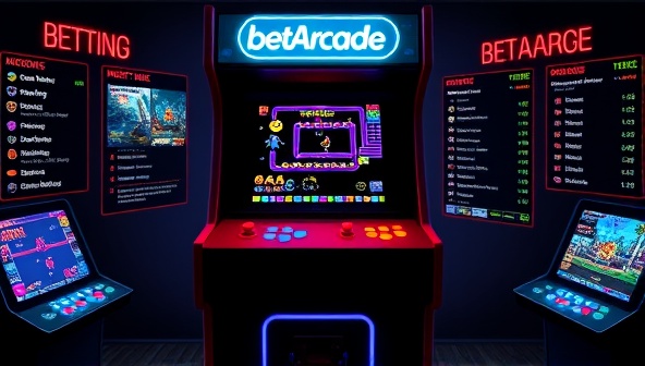 An artistic rendition of a retro arcade cabinet with glowing buttons and a screen displaying classic games like Pac-Man and Space Invaders, surrounded by digital betting options and leaderboards, capturing the nostalgic and competitive essence of BetArcade's retro arcade betting platform.