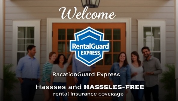 An inviting vacation rental setting with a welcome sign featuring the RentalGuard Express logo, surrounded by happy guests and a host, symbolizing secure and hassle-free rental insurance coverage.