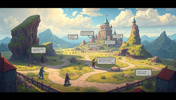An immersive game world illustration featuring a fantasy landscape with interactive elements like dialogue choices, branching paths, and writing prompts scattered throughout, inviting players to embark on a storytelling adventure in a vibrant and dynamic setting.