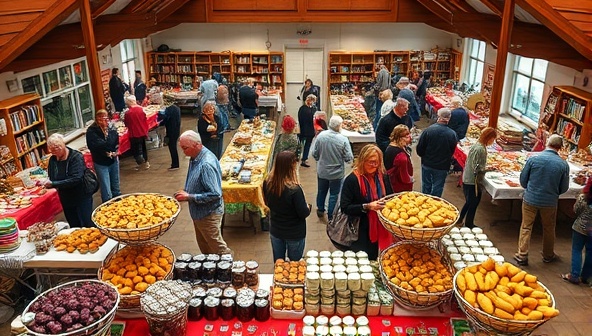 A vibrant and bustling community hall filled with colorful displays of homemade jams, bread, pastries, and other food items, with participants mingling and exchanging goods, creating a lively and engaging atmosphere of food swapping and sharing.
