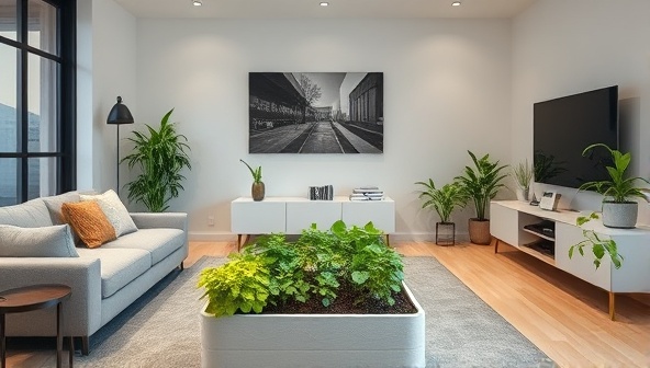 A modern, minimalist living room with a small, vibrant garden setup featuring the smart home gardening kit in action, showcasing the integration of technology and nature in a stylish urban environment.