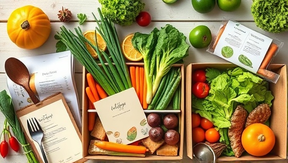 An enticing visual representation of a plant-based meal kit delivery service featuring vibrant and fresh ingredients neatly arranged in eco-friendly packaging, alongside recipe cards and cooking utensils, inviting customers to embark on a culinary journey of healthy and sustainable eating.
