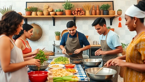 An engaging image of a virtual food tour experience with a diverse group of participants engaging in a live cooking session led by a local chef, with colorful ingredients, cooking utensils, and cultural decor in the background, capturing the spirit of culinary adventure and global connection.