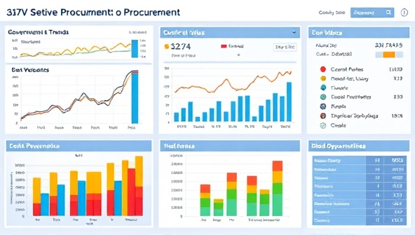 A dynamic data visualization dashboard displaying government procurement trends, contract values, and bidding opportunities in a visually engaging format, symbolizing strategic insights and market foresight in procurement decisions.
