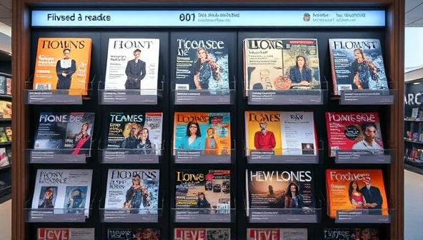 An interactive magazine rack display with digital covers and personalized content suggestions tailored to individual readers, creating a visual representation of the customized and curated digital magazine experience offered by the platform.