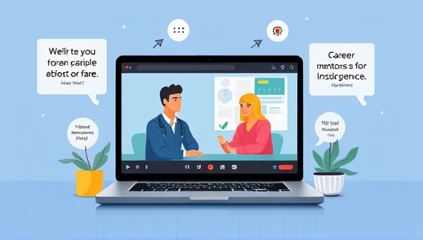 An engaging visual of a virtual mentorship session taking place on the platform, with a mentor and mentee having a discussion via video call, surrounded by virtual career resources and inspirational quotes, symbolizing guidance and growth in career development.