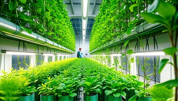 A futuristic indoor vertical farm filled with lush green plants growing under LED lights, showcasing the integration of technology and sustainability in agriculture.