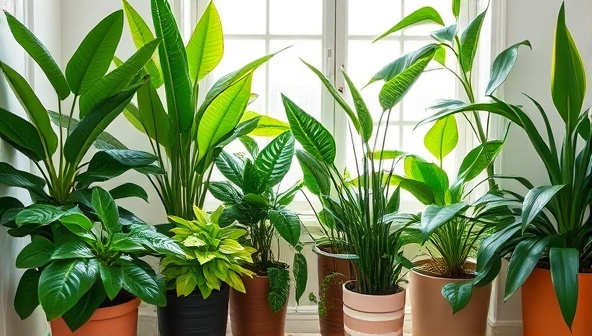 An aesthetically pleasing image of a variety of lush, green houseplants arranged in stylish pots, with a backdrop of a bright and cozy indoor setting, evoking a sense of plant-filled happiness and home decor inspiration.