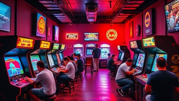 A vibrant gaming lounge setting with retro arcade machines, gamers immersed in gameplay, neon lights, and a lively atmosphere of friendly competition and shared nostalgia, capturing the essence of retro gaming culture.
