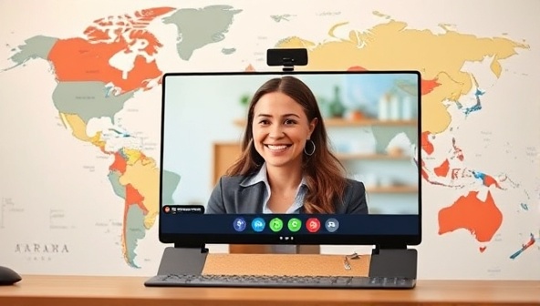 An engaging virtual consultation setup with a travel advisor on a video call, showcasing a world map in the background with colorful pins marking different destinations, creating a sense of global connectivity and adventure.