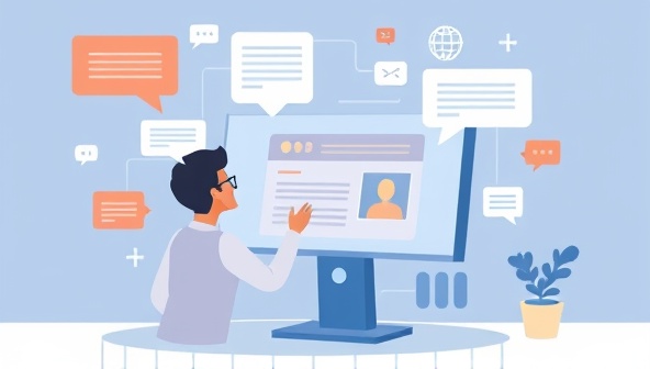 An imaginative depiction of a person interacting with a voice-activated assistant on a computer screen, surrounded by speech bubbles and design elements, illustrating the seamless and intuitive nature of voice-controlled web design.